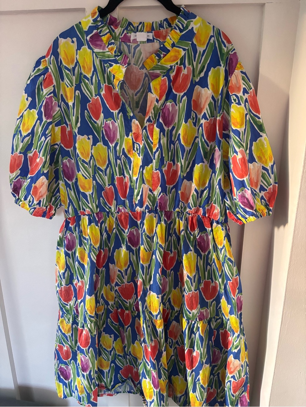 Chic Soul Multicolor Tulip Pront Ruffle Neck Dress with Pockets 1XL